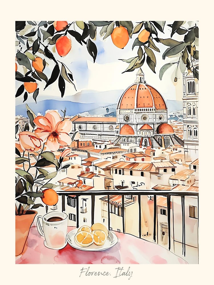 Florence Italy View With Oranges Watercolour