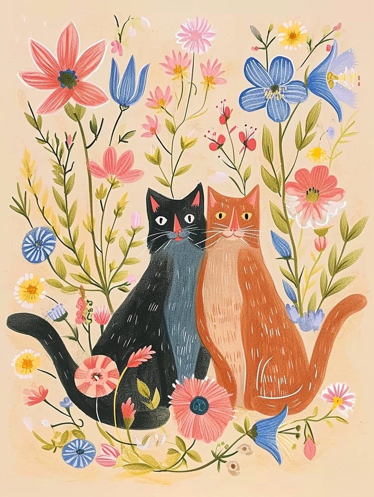 Folksy Floral Animal Drawing Cat 5