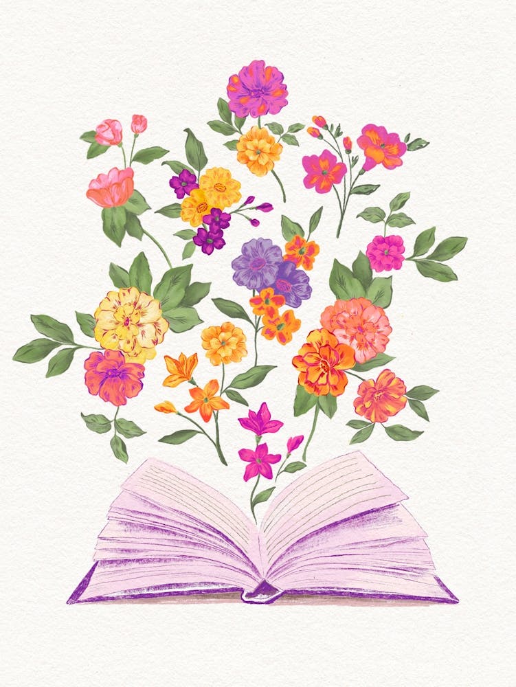 Open Book With Flowers Purple