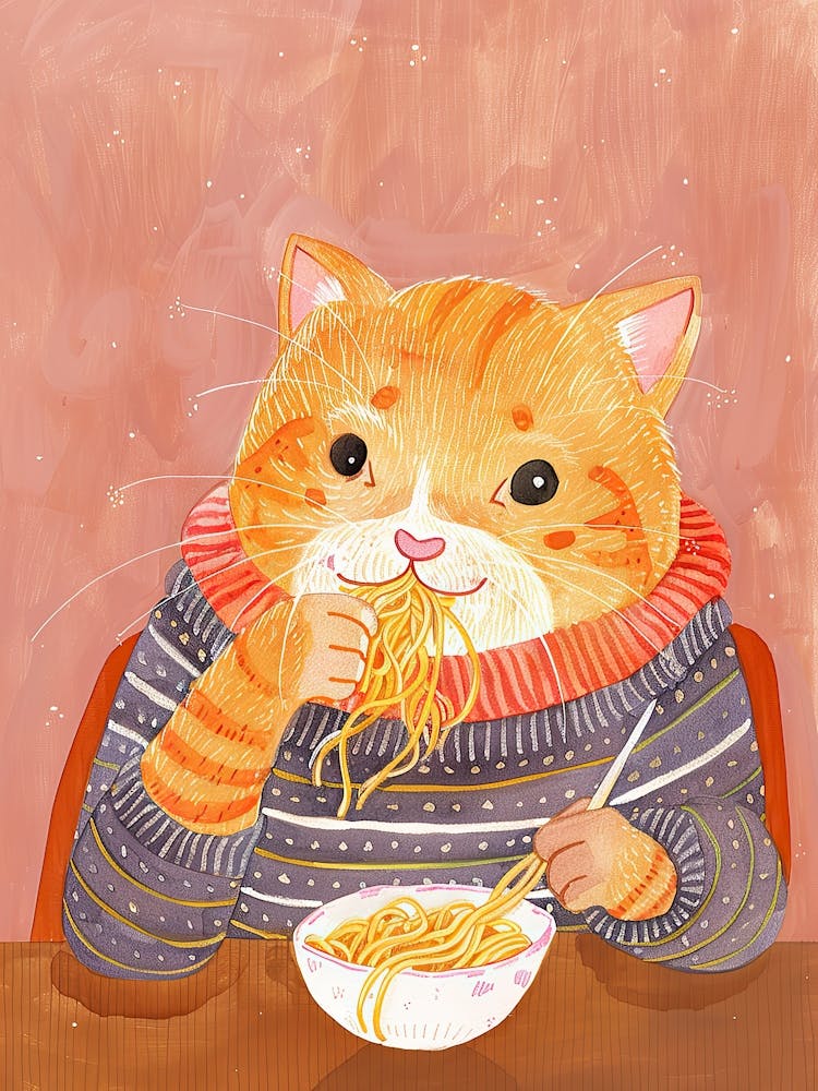 Cute Orange Cat Pasta Lover Folk Illustration 3