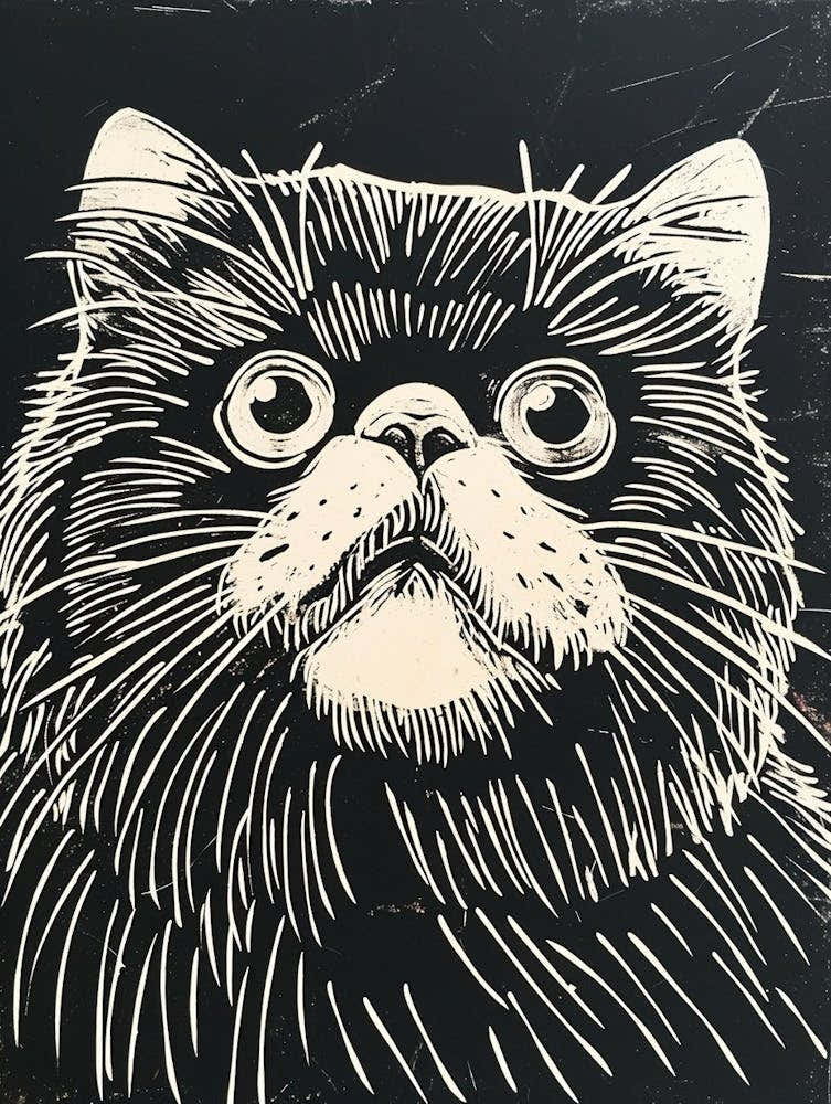 Persian Cat Linocut Blockprint 4