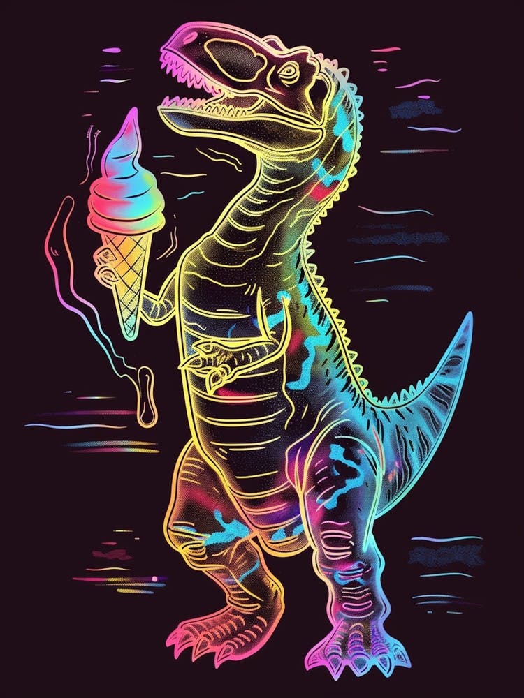 Neon Dinosaur Line Illustration Eating Ice Cream