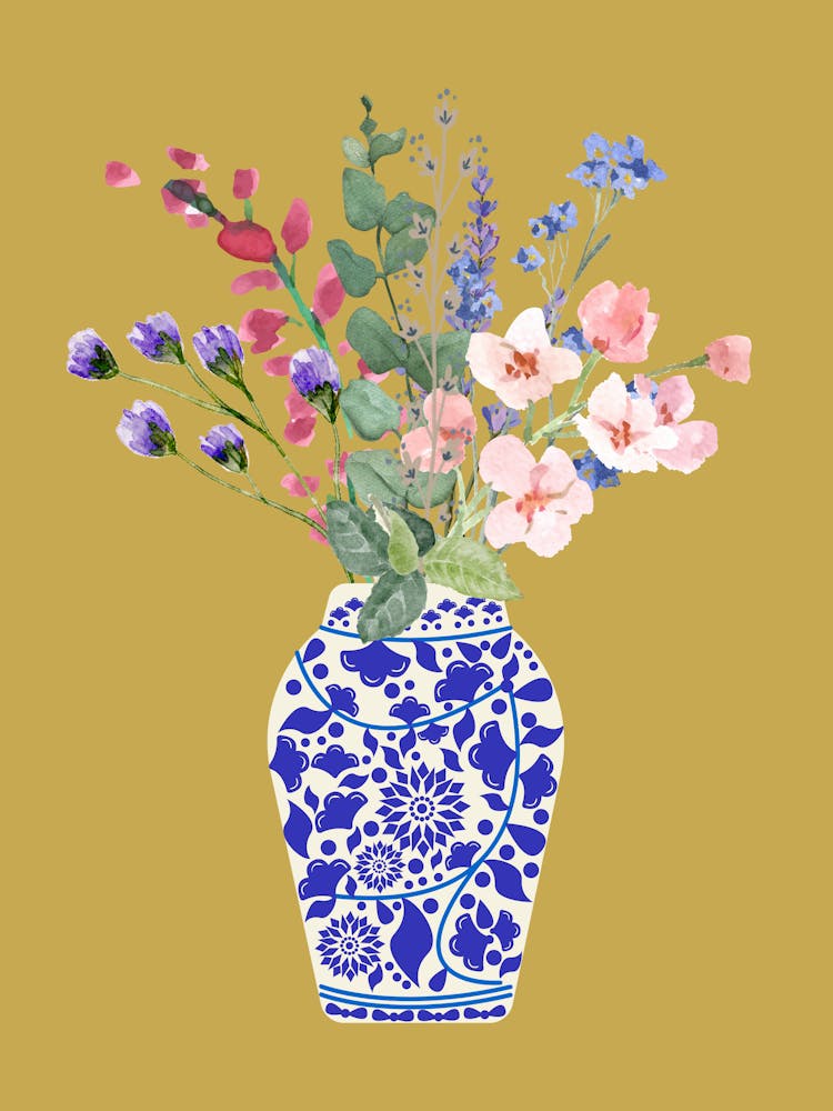 Wild Flowers In Vase Gold And Blue Art
