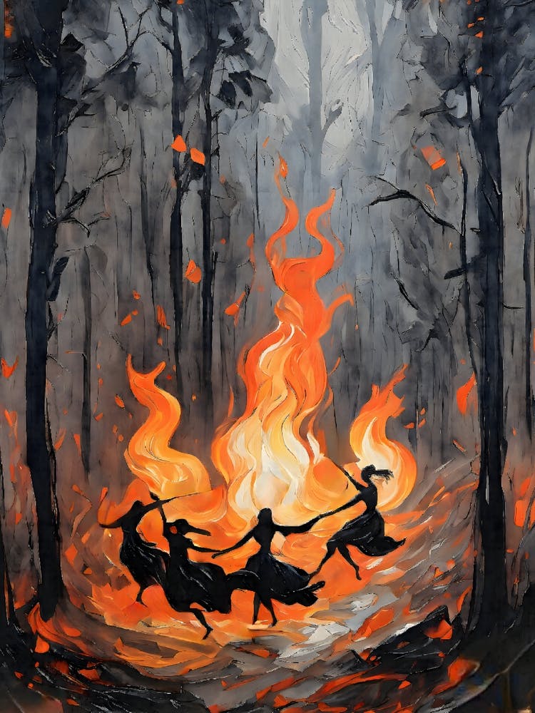 Beltane Fire Dancers - Witch Circle Artwork Witchy Pagan Festival For Wheel of The Year Witches Dancing Lunar Goddess Calling Wicca Witchcore Witch