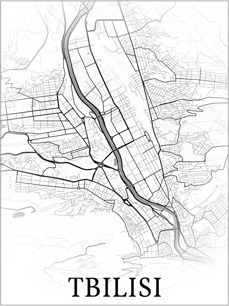 Tbilisi, Georgia, City Map, Black And White Fade Design