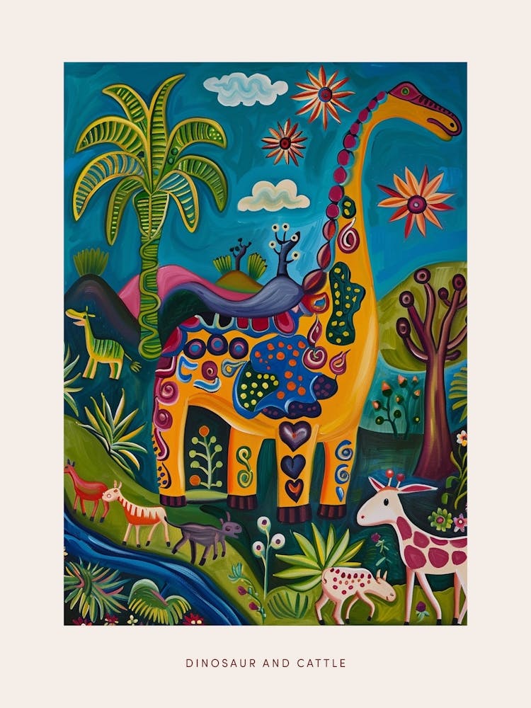 Pattern Dinosaur In The Field With Cattle Poster