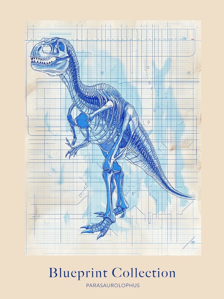 Parasaurolophus Dinosaur Blue Print Sketch 1 Poster