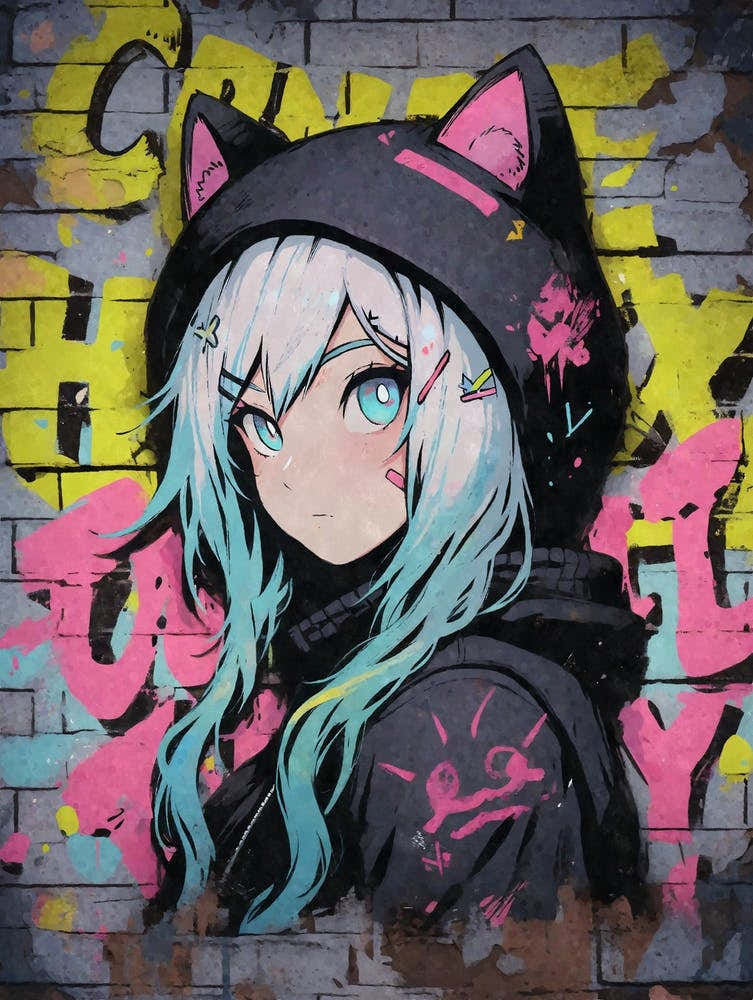 Kawaii Aesthetic Nekomimi Anime Cat Girl Urban Graffiti Style