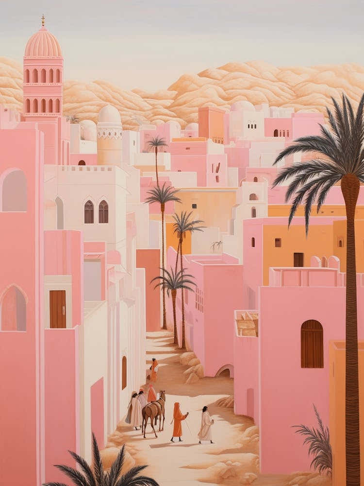 Djerba Tunisia 2 Vintage Pink Travel Illustration