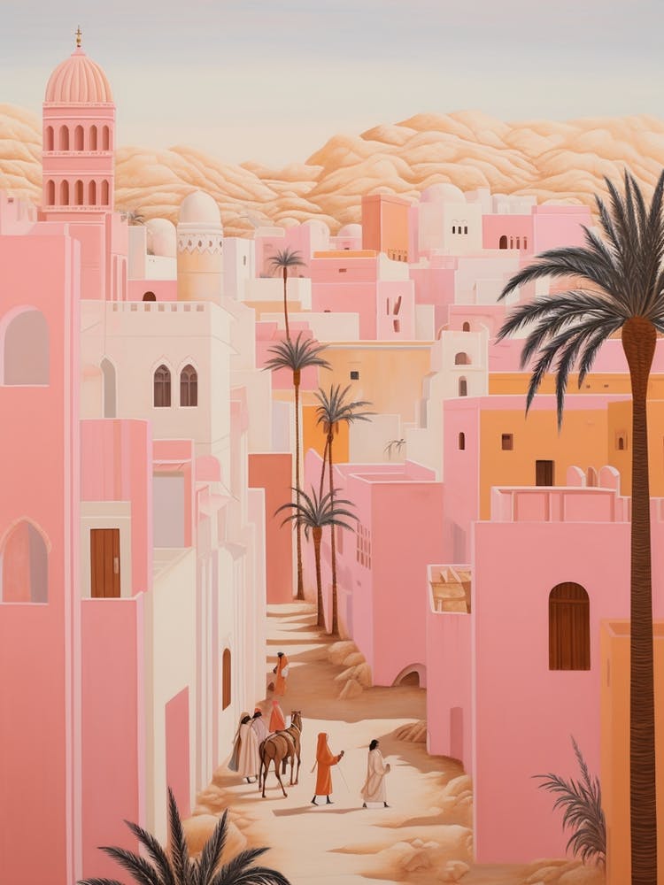 Djerba Tunisia 2 Vintage Pink Travel Illustration