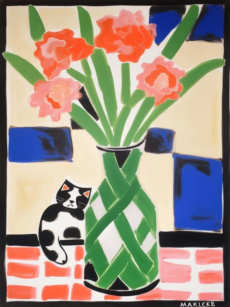 Painting Of A Still Life Of A Gladioli With A Cat In The Style Of Matisse 2