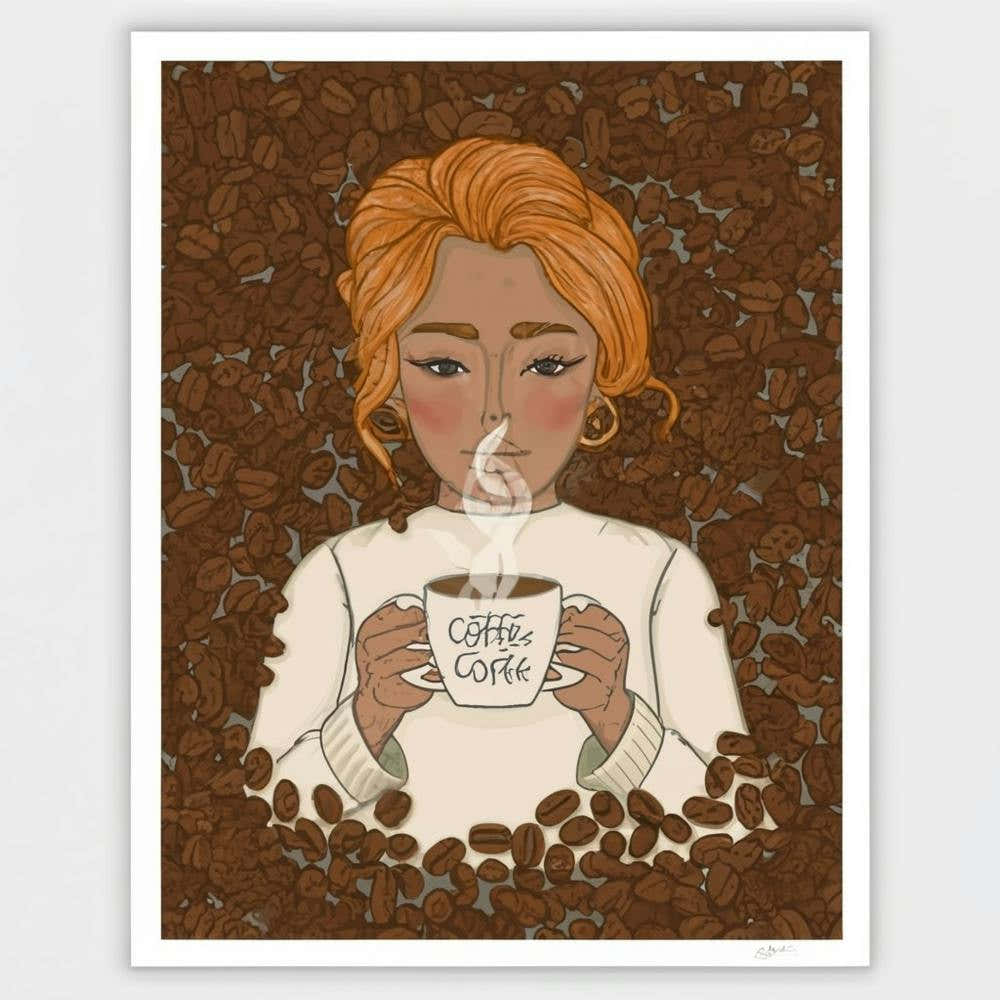 An art print showcasing a detailed and stylized portrait of a coffee connoisseur, surrounded by swirling coffee beans and steam, capturing the essence of the love for coffee culture. This unique and cozy art print is perfect for caffeine enthusiasts and t