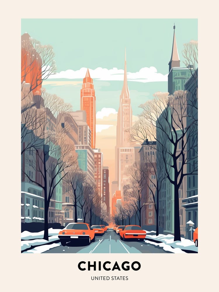 Vintage Winter Travel Poster Chicago Usa 1