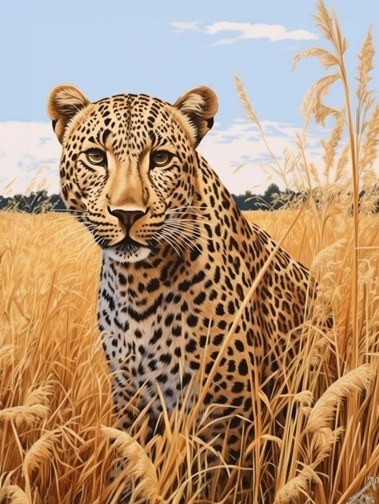 African Leopard In The Savannah Grasslands Painting 1