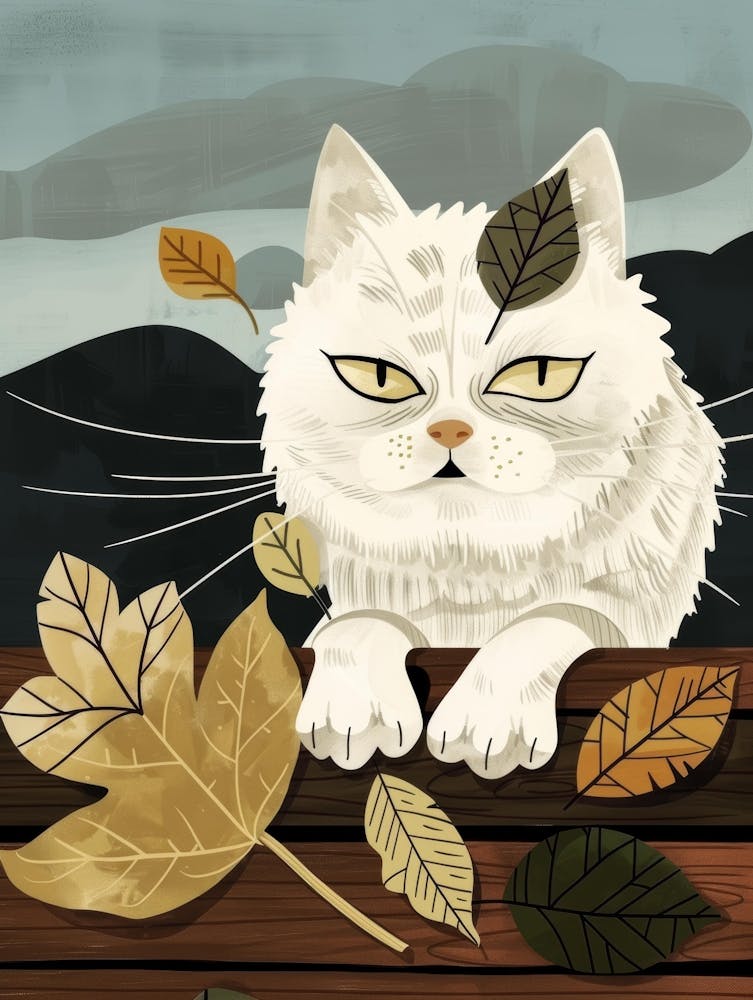 White Cat With Autumn Leaves