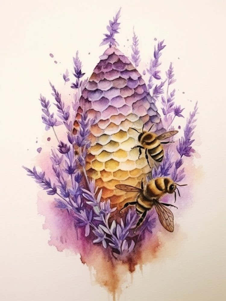 Beehive With Heather Flower Watercolour Illustration 1