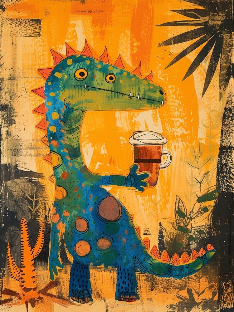 Dinosaur Drinking Coffee Orange Brushstroke 2