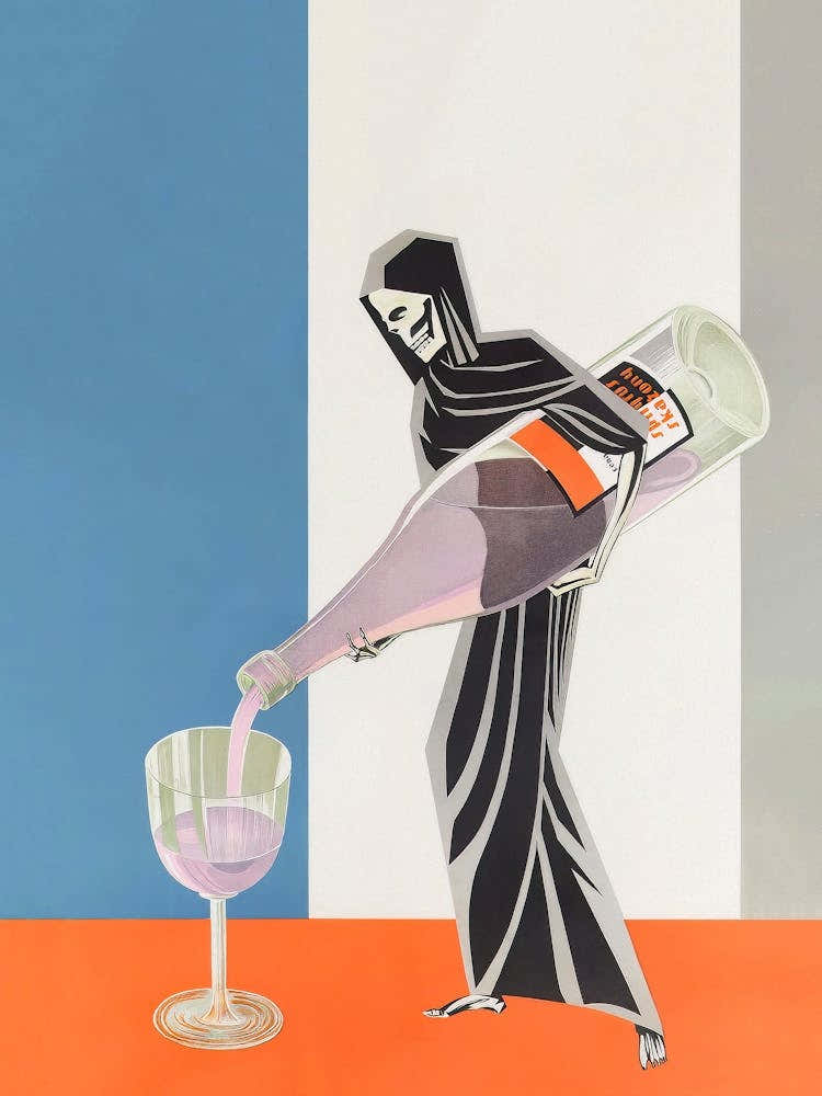 Reaper Pouring Liquor, Scary Vintage Halloween Print