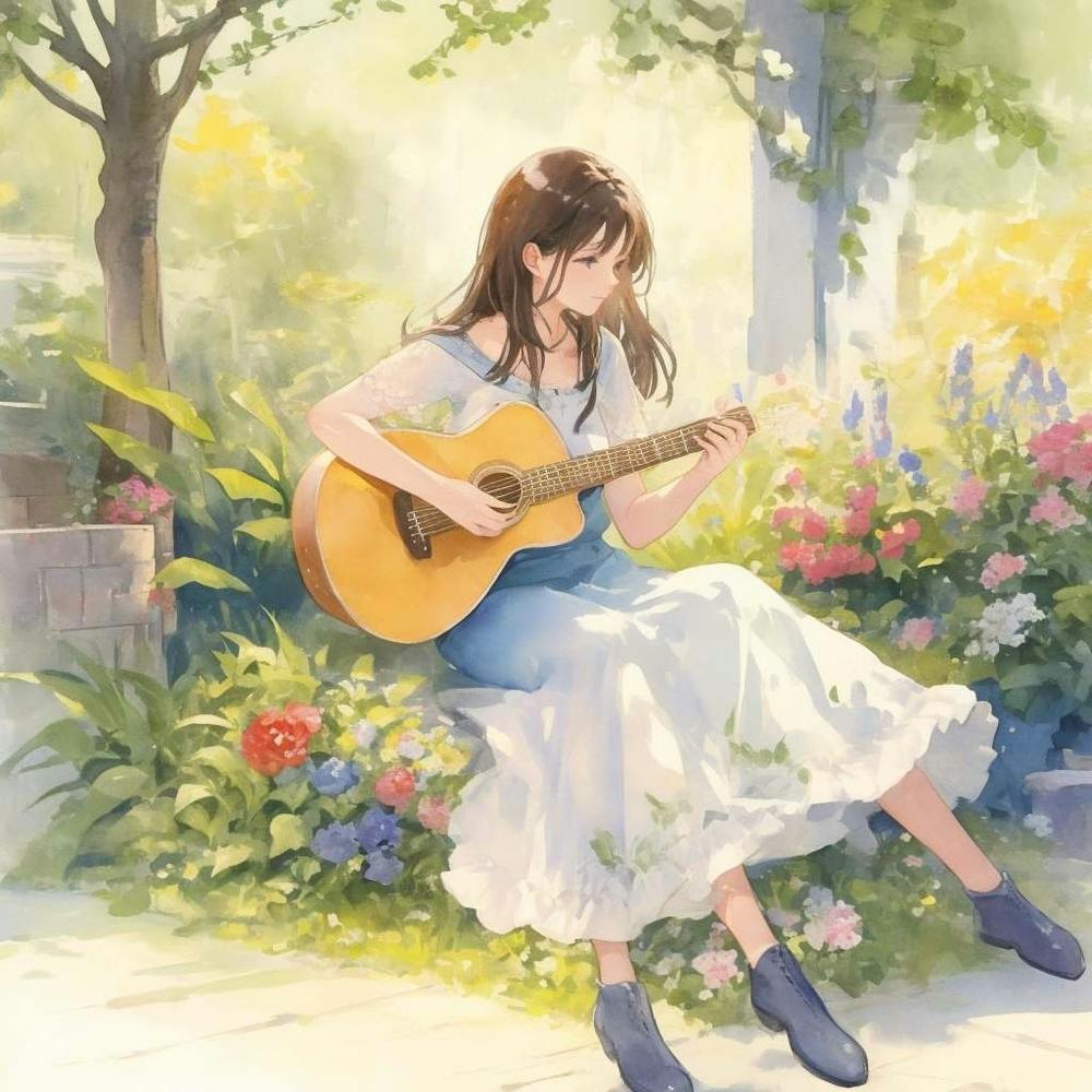 Beautiful Woman Playing Guitar In The Garde 0