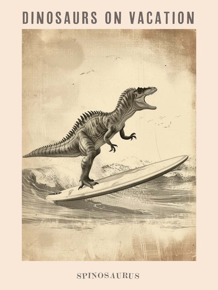 Vintage Spinosaurus Dinosaur On A Surf Board 4 Poster
