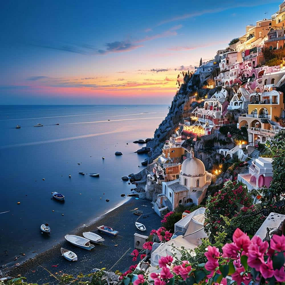 Twilight Coastal Village With Colorful Mediterranean Architecture