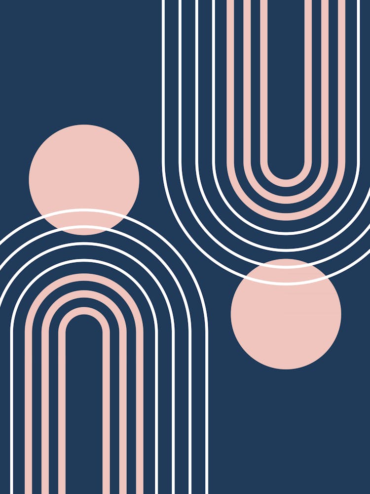 Mid Century Modern Geometric B32 In Navy Blue And Pastel Pink (Rainbow And Sun Abstract) 01