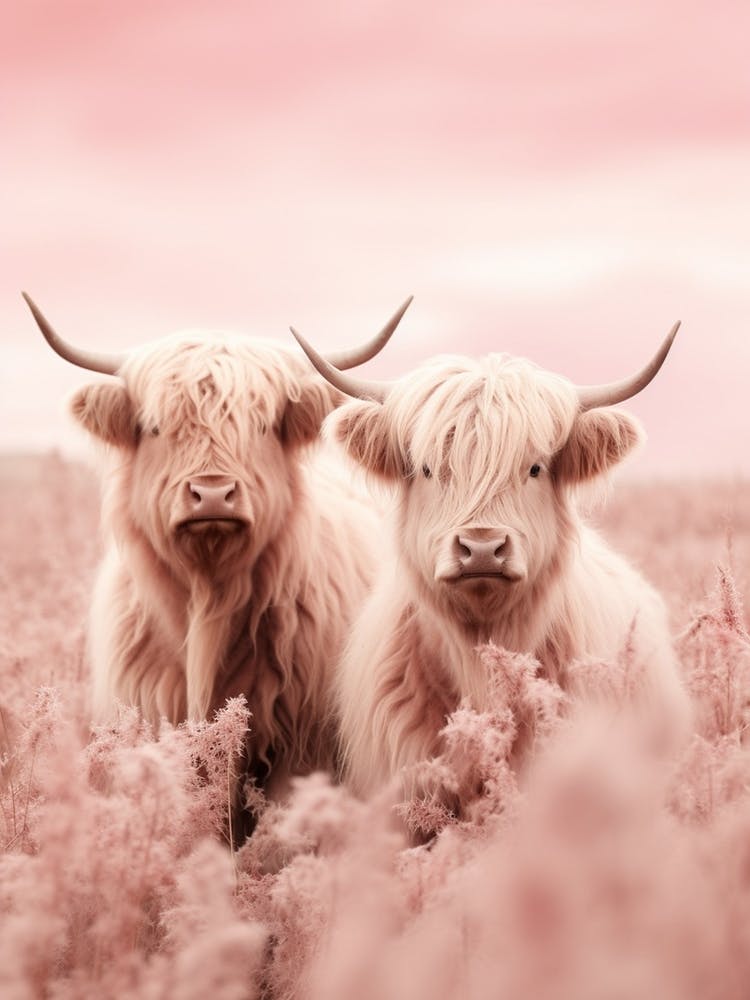 Portrait Of Two Highland Cows In The Field Pink Realistic Photography 2