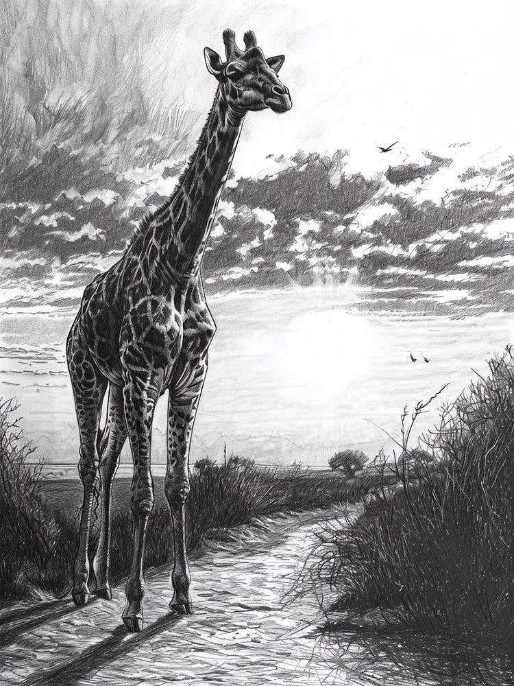 Pencil Portrait Of Giraffe In The Sun