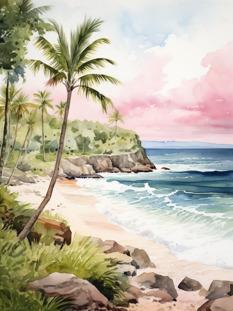 Watercolor Painting Of Anakena Beach, Easter Island 3