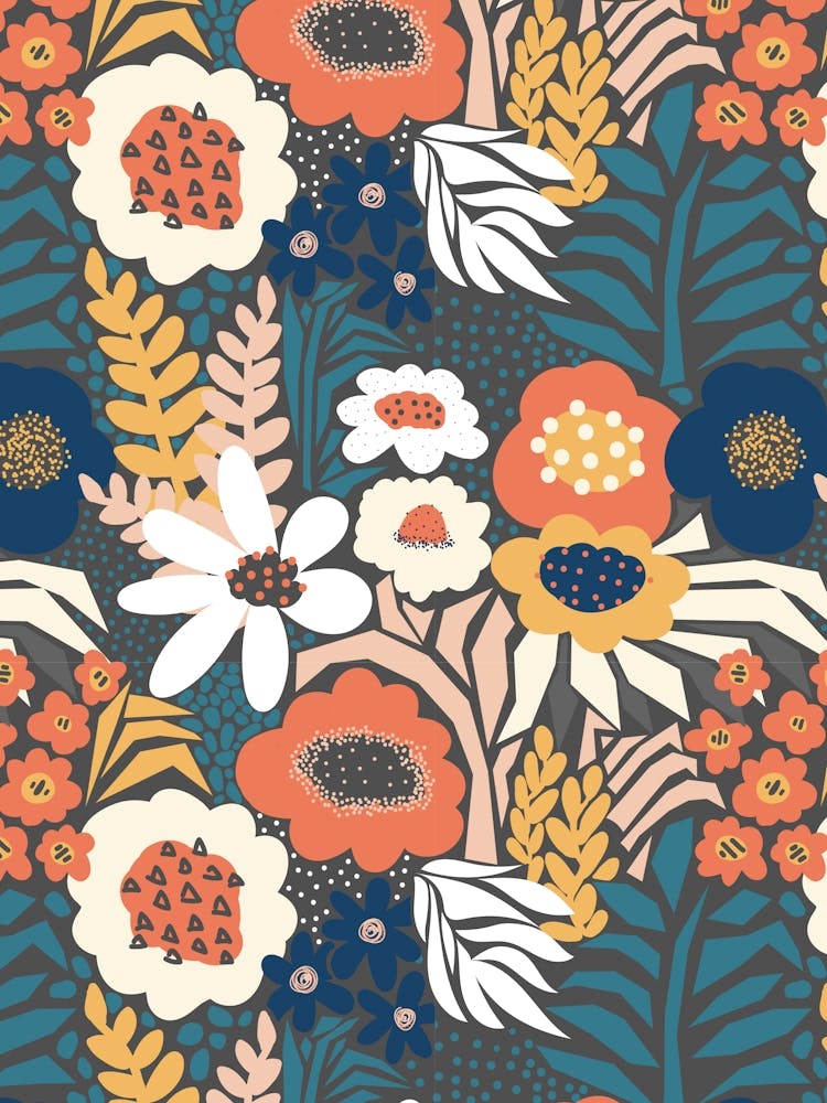 Paper Cut And Doodle Floral Collage White Orange Blue Grey