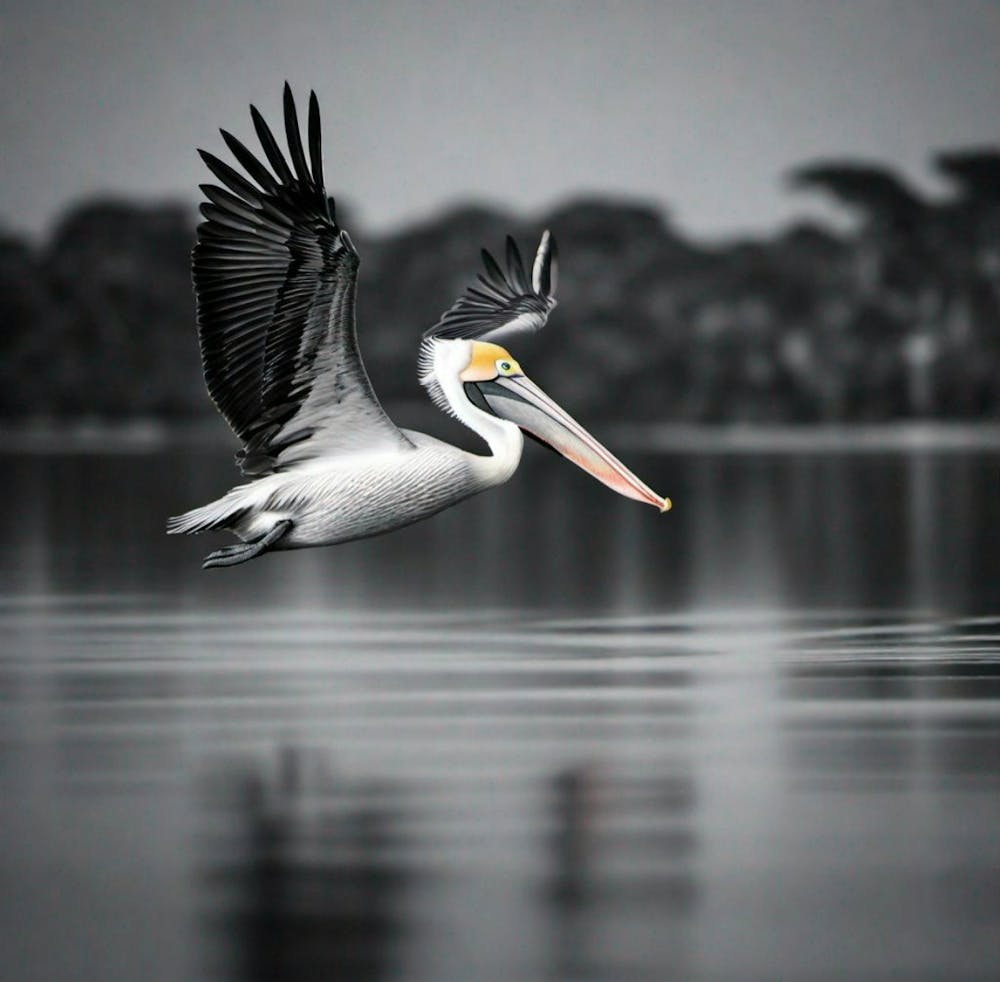 Pelican skipping the water