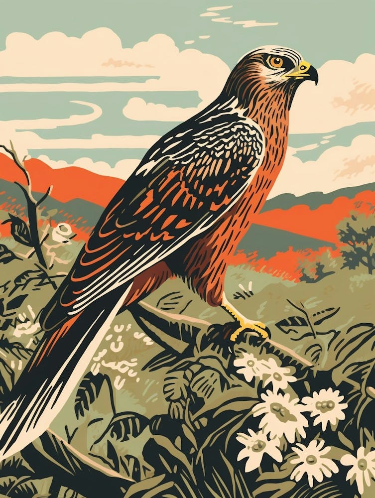 Vintage Bird Linocut Harrier 1