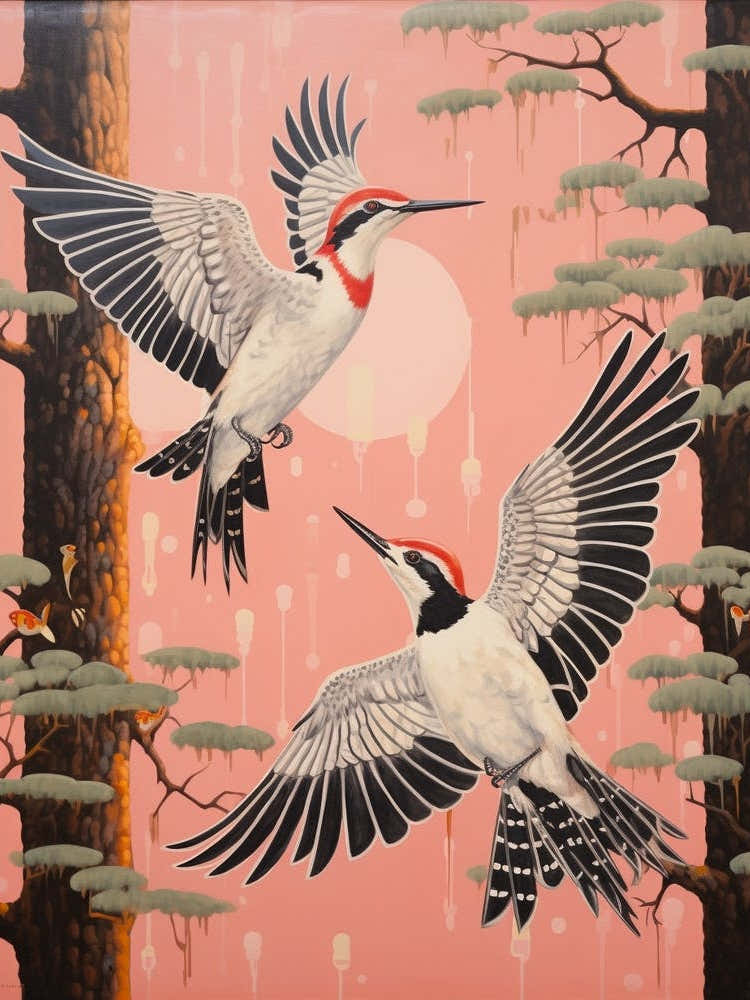 Vintage Japanese Inspired Bird Print Woodpecker 2