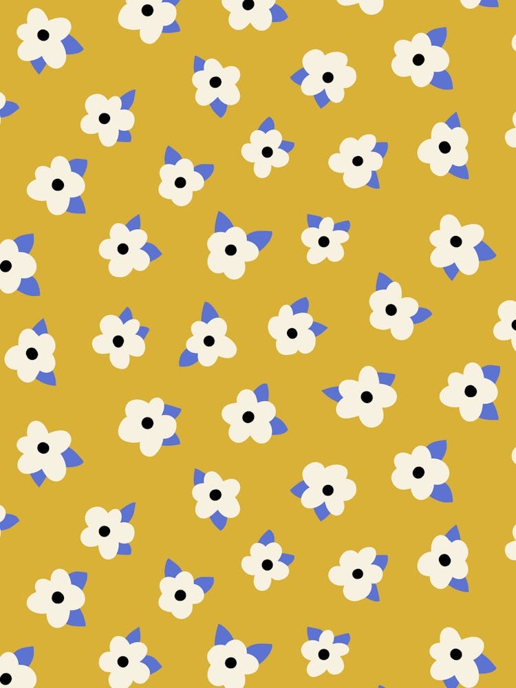 Soft Scattered Flowers and Leaves White, Black, Blue on Ochre Yellow