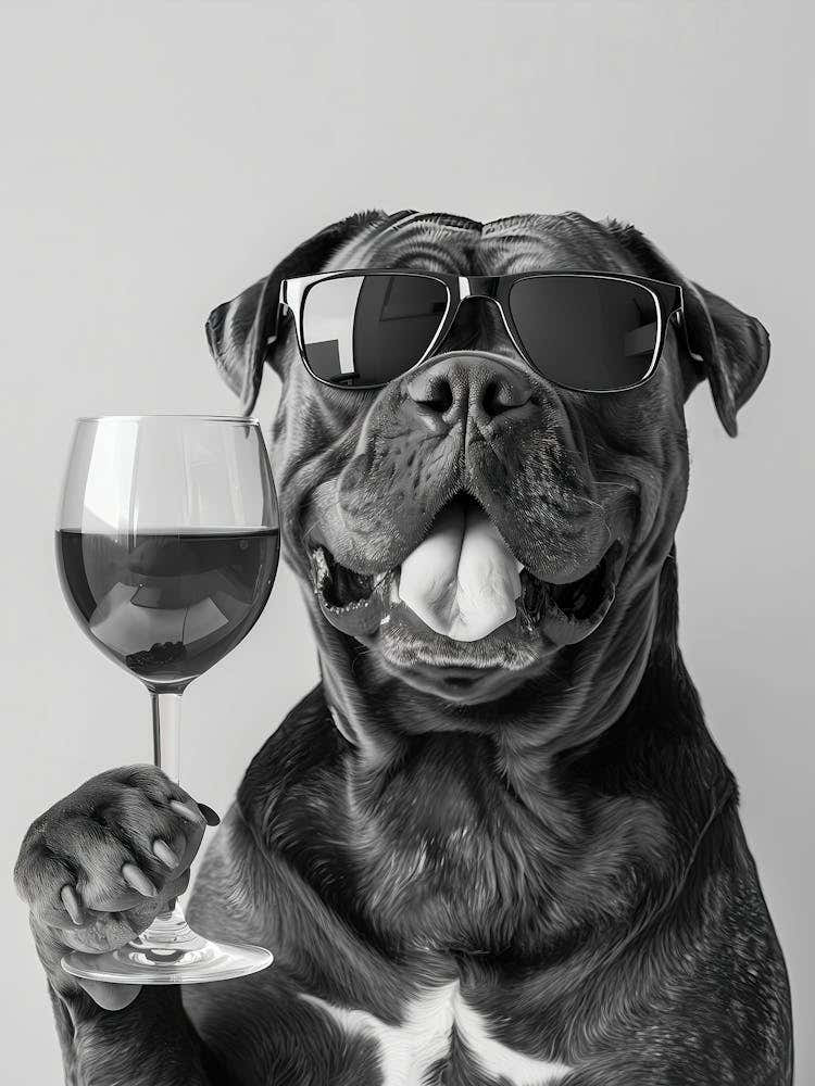 Cane Corso Holding Wine Wall Art, Black And White Print, Cane Corso Gift, Alcohol Print, Bar Cart Art, Funny Dog Poster, Kitchen Wall Decor