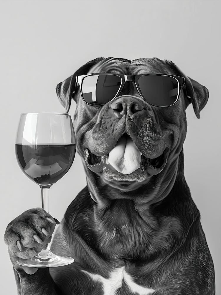 Cane Corso Holding Wine Wall Art, Black And White Print, Cane Corso Gift, Alcohol Print, Bar Cart Art, Funny Dog Poster, Kitchen Wall Decor
