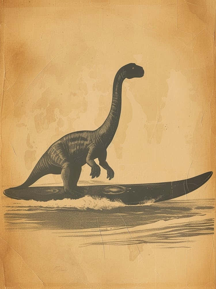 Vintage Apatosaurus Dinosaur On A Surf Board 1