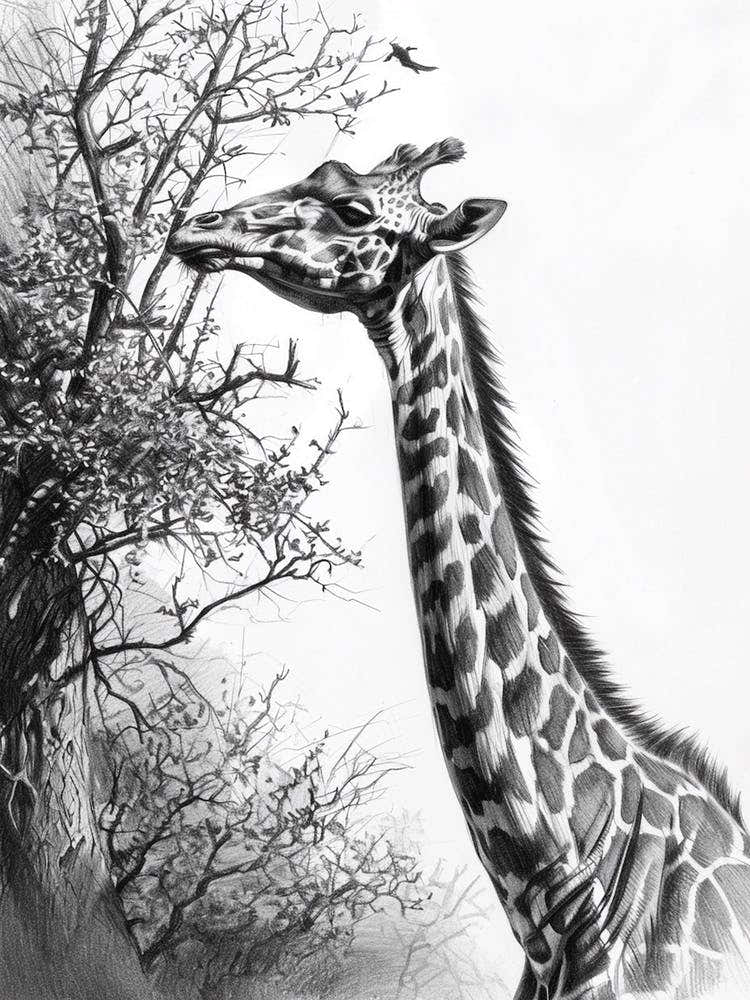 Giraffe With Head In The Branches Pencil Drawing 7