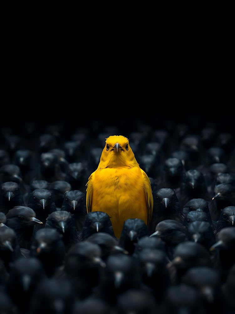 Yellow Bird In A Crowd Of Black Birds