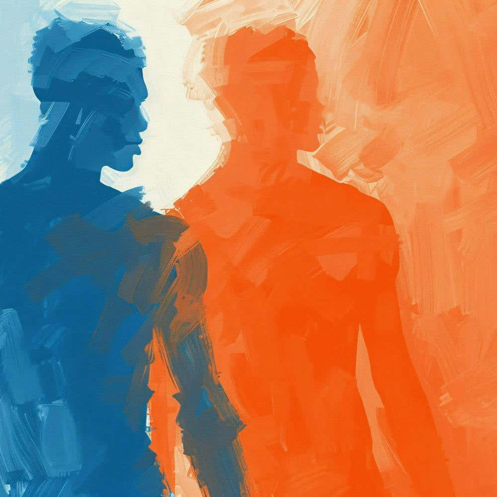 Two Men in Blue and Orange