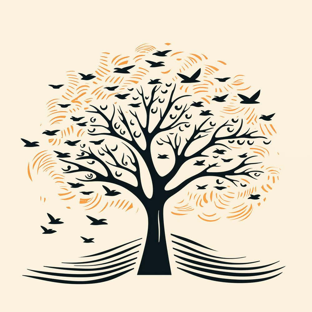 Birds Flying Under Tree Illustration