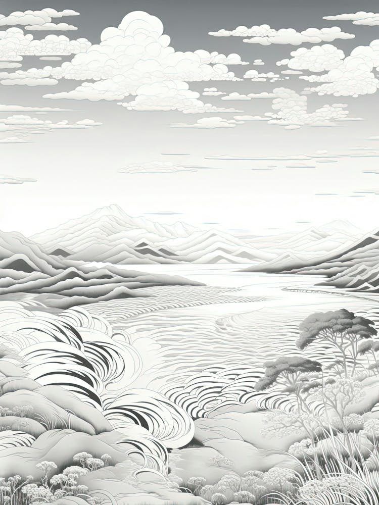 Ishigaki Island In Okinawa, Ukiyo E Black And White Line Art Drawing 2