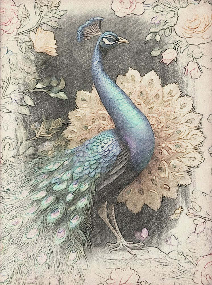 Peacock With Roses 1