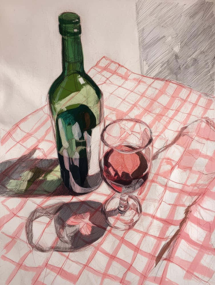 Wine Bottle And Checkered Tablecloth 1
