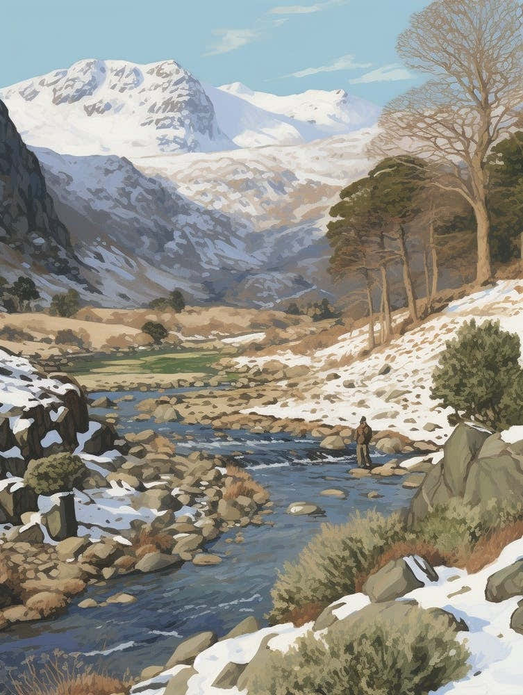 Vintage Winter Illustration Snowdonia National Park United Kingdom 3