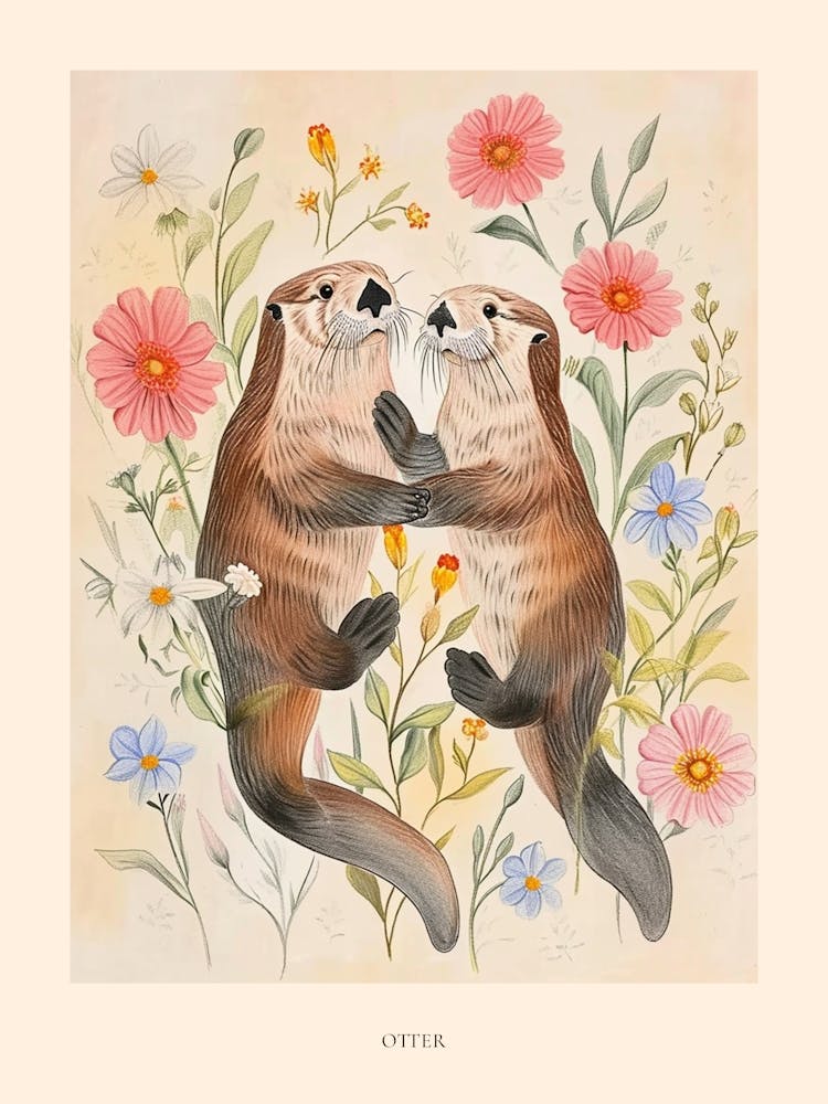 Folksy Floral Animal Drawing Otter 4 Poster