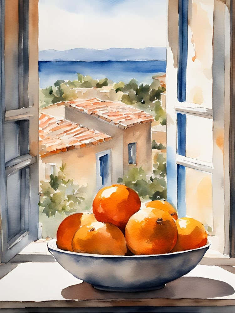 Oranges in a bowl in front of a window