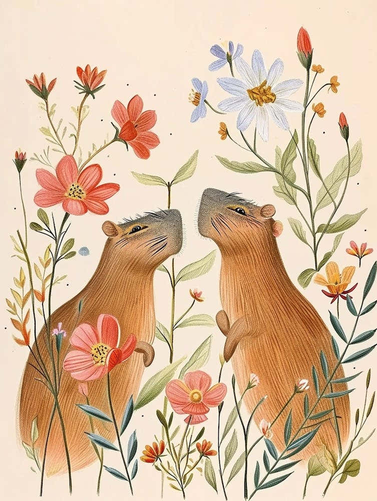 Folksy Floral Animal Drawing Capybara 2