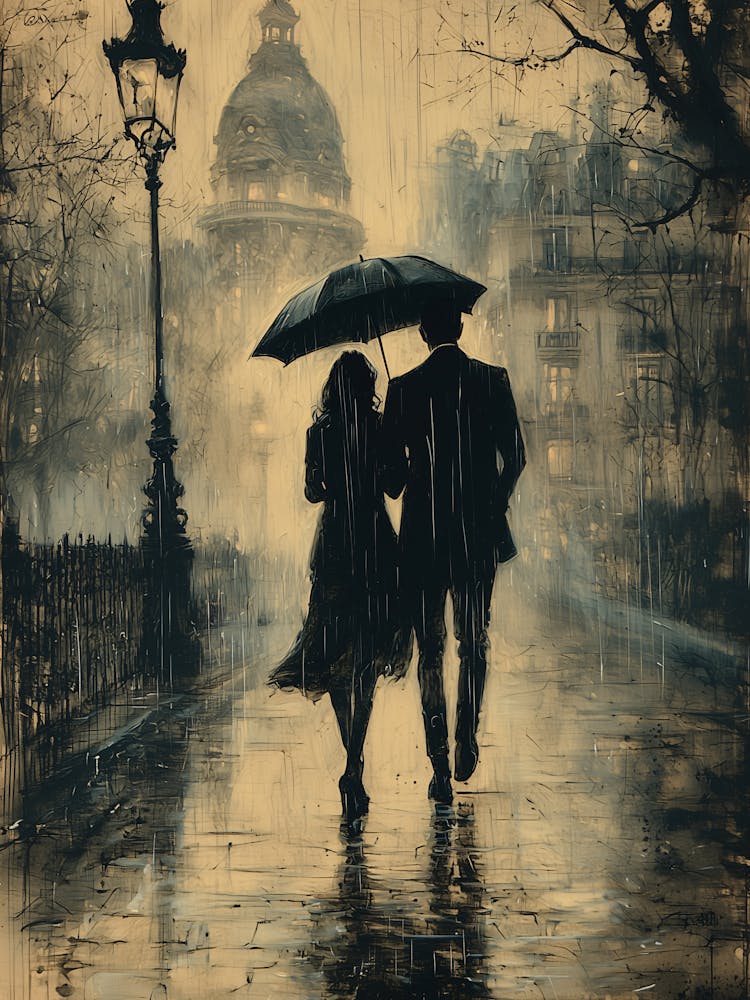 Couple Walking In The Rain, Romantic Monochrome Charcoal style