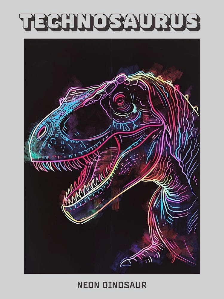 Neon Dinosaur Blue Pink Portrait Poster